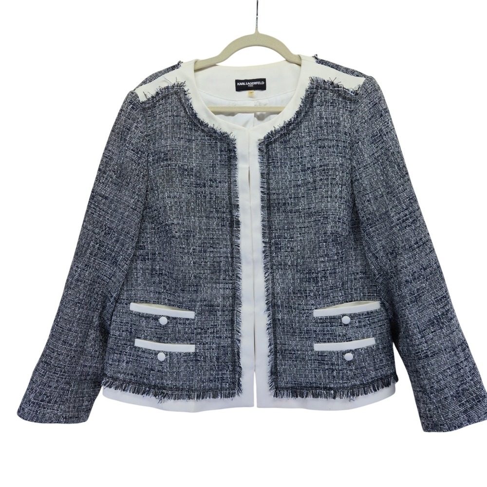 Karl Lagerfeld Navy and White Tweed Fringe Jacket